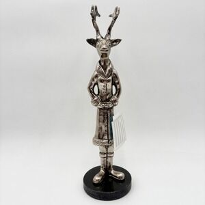 Granville Silver Tone Standing Reindeer Figurine Coat Marble Base Holiday Decor